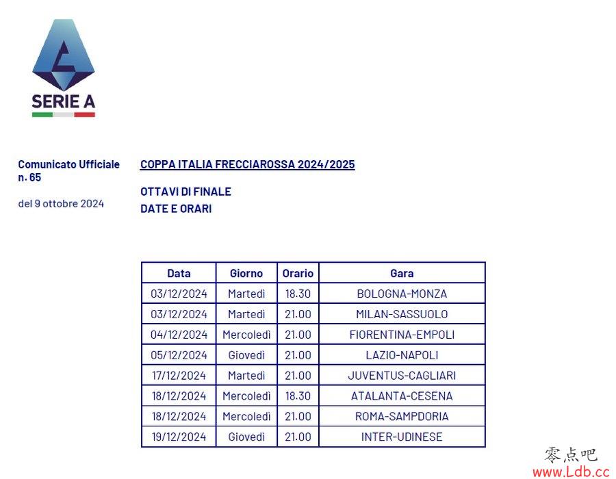意杯1/8决赛赛程:米兰战萨索洛、尤文战卡利亚里、国米战乌鸡